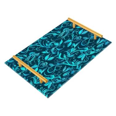 Imagem de Wassud Bandeja de banheiro com folhas azuis azul-petróleo, bandejas de perfume, alça para maquiagem, cômoda, quarto, cozinha, mesa, 30 x 20 cm