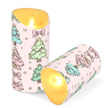 Imagem de ATTX Pacote com 2 velas de árvore de Natal com laços, velas sem chamas – 7,6 cm x 9,9 cm com controle remoto e temporizador para casa, casamento, decoração de acampamento #263