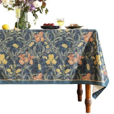 Imagem de patdrea Toalha de mesa retangular de linho azul escuro vintage de designer, toalhas de mesa com padrão floral rústico francês, toalha de mesa decorativa para cozinha, jantar, festa de chá, casa, Natal