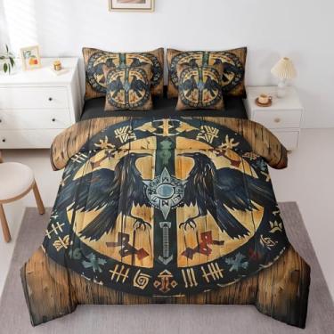Imagem de Erosebridal Jogo de cama viking nórdico em uma bolsa para crianças, meninos, adolescentes, totem da mitologia nórdica antiga, preto, conjunto de edredom queen de corvo duplo, 7 peças, retrô, viking