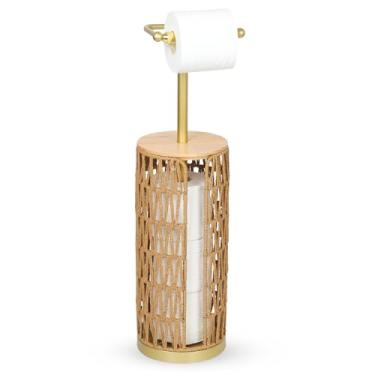 Imagem de Trongee Suporte de papel higiênico independente com armazenamento, 3 rolos de suporte de papel higiênico Boho com tampa, suporte de papel higiênico dourado, armazenamento de papel de vime, cesto de