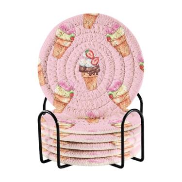 Imagem de SEHANY Conjunto de 6 porta-copos fofos de sorvete com suporte, porta-copos redondos absorventes de algodão resistente ao calor para mesa de jantar, canecas de café, proteção de copos, 10 cm