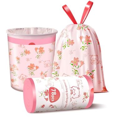 Imagem de Thryoss Sacos de lixo pequenos de 4 galões - sacos de lixo de banheiro, cordão sem rasgos pequenos sacos de lixo para banheiro, escritório, quarto e carro, com estampa e perfume fofos, rosa, 15L, 78