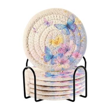Imagem de SEHANY Elegante conjunto de 6 porta-copos de flores de borboleta com suporte, porta-copos redondos absorventes de algodão resistente ao calor para mesa de jantar, canecas de café, 10 cm