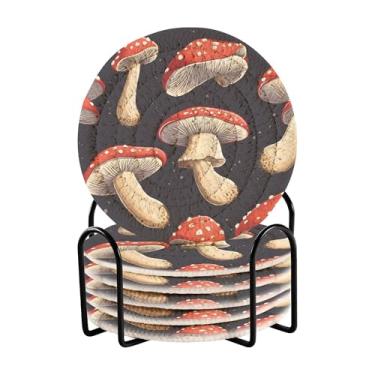 Imagem de SEHANY Conjunto de 6 porta-copos de cogumelos florestais com suporte, porta-copos redondos absorventes de algodão resistente ao calor para mesa de jantar, canecas de café, 10 cm