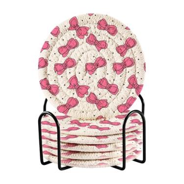 Imagem de SEHANY Conjunto de 6 porta-copos com laço rosa fofo com suporte, porta-copos redondos absorventes de algodão resistente ao calor para mesa de jantar, canecas de café, 10 cm