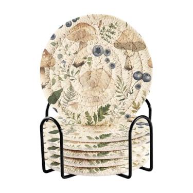 Imagem de SEHANY Conjunto de 6 porta-copos de cogumelos florestais com suporte, porta-copos redondos absorventes de algodão resistente ao calor para mesa de jantar, canecas de café, 10 cm