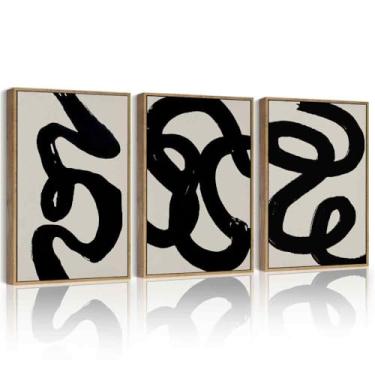 Imagem de PHOPAGO Arte de parede emoldurada moderna abstrata preta lavagem de tinta minimalista linhas pretas grossas pinturas arte quarto sala de estar decoração de casa - 30 x 40 cm moldura natural