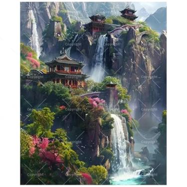 Imagem de TAOPAOLAB Kit de pintura oriental por números para adultos – cascatas e templos tradicionais em montanhas, pintura em tela, 20 x 30 cm, conjunto de tinta acrílica emoldurada para iniciantes, arte para
