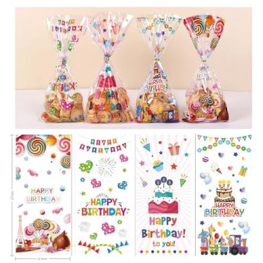 Imagem de Sacos de guloseimas de celofane com laços torcidos - 50 peças de 12,7 x 27 cm, lindos sacos de presente de plástico transparente para violoncelo, sacolas de lembrancinhas de festa, 4 estilos, feliz