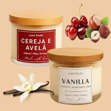 Imagem de Cuore Studio Vela Aromática Perfumada Natural, Kit com 2, Chá Branco, Vanilla, Baunilha, Alecrim, Lavanda, Capim Limão, Bamboo, Cereja e Avelã, Jasmim, 100g cada (Vanilla com Cereja e Avelã)