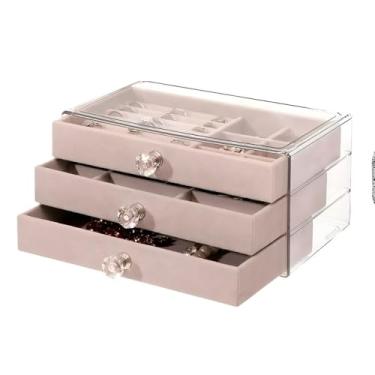Imagem de Porta Joias com 3 Gavetas Ajustáveis, Veludo e PP, 11 Compartimentos, 23,5x13,5x10cm, Transparente, Organizador de Acessórios