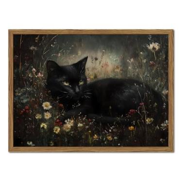 Imagem de Arte de parede em tela de gato preto vintage emoldurado, decoração de parede com imagens de gatos da Academia escura gótica, estampas de animais florais temperamentais, decoração de casa de campo para