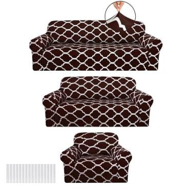 Imagem de Peryiter Conjunto de 3 capas de sofá para sala de estar, capas de móveis para sofá e sofás, poltrona, protetor de móveis, elástico, sem rugas (marrom)