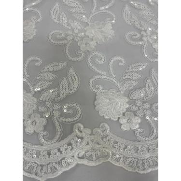 Imagem de Sedona Designz Tecido de renda floral Queen com cordão de 127 cm de largura com lantejoulas – Tecido bordado de malha com bordas recortadas para formatura, vestidos de noiva, decoração e projetos de
