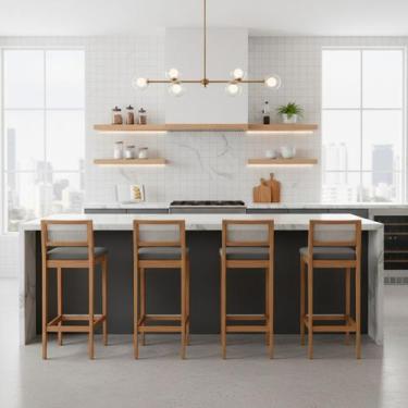 Imagem de Kit 4 Banquetas Estofada em Linho Encosto Palhinha Bruna cor:mel com l