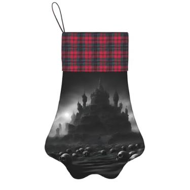 Imagem de SKKNT Caveiras pretas e brancas, 1 impressão de meias de Natal, animais de estimação, decoração de Natal, cães, gatos, árvores, doces, presente, conveniente