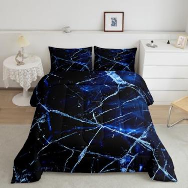 Imagem de Feelyou Conjunto de edredom geométrico azul e preto, tamanho casal, para meninos, meninas, adolescentes, listras, abstratas, respirável, conjunto de edredom com textura abstrata