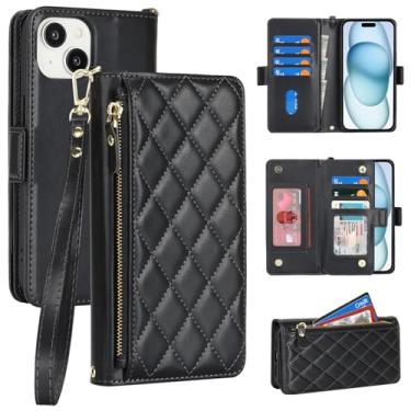 Imagem de Jaorty Capa carteira flip compatível com iPhone 15 para Apple 15 couro PU preto, losango para mulheres e homens, bolso com zíper, suporte, alça de pulso, porta-cartão, 6,1 polegadas