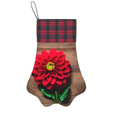 Imagem de SKKNT Tábua de madeira retrô flor vermelha estampa de dália meias de Natal animais de estimação decoração de natal cães gatos árvore decoração doce presente conveniente