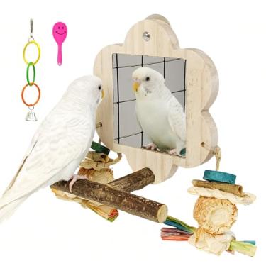 Imagem de Acsist Espelho de pássaro com suporte de poleiro, brinquedos de papagaio balanço, brinquedos de periquito com brinquedo de mastigar para calopsita Conure Lovebirds Canários (espiga de milho)