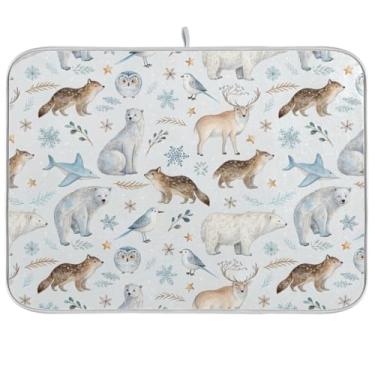 Imagem de Arctic Animals Tapete de secagem de pratos branco, almofada absorvente, tapete de escorredor de pratos reversível para decoração de bancada de cozinha, 40,6 x 45,7 cm