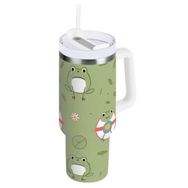 Imagem de Copo grande à prova de derramamento com palha, folhas de sapos, copos verdes de aço inoxidável com tampa e canudo