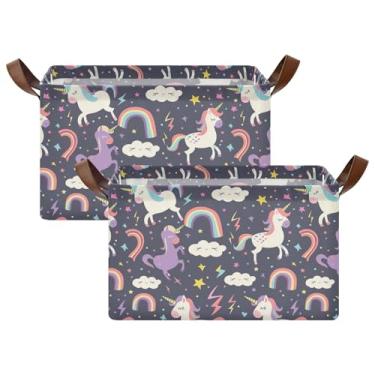 Imagem de Cestos organizadores grandes para armazenamento de quarto, cesta de brinquedo para cães para armazenamento e organização de quarto 40 x 29 x 25 cm, unicórnios, arco-íris, roxo, pacote com 2