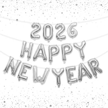 Imagem de Balões de Feliz Ano Novo 2025, conjunto de balões de folha de prata de 40,6 cm com fita e canudo | Decorações de feliz ano novo 2025 | Artigos de festa de ano novo 2025 para casa, interior, exterior
