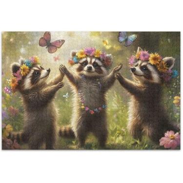 Imagem de Quebra-cabeça de primavera com flores de guaxinins fofos para adultos, 1000 peças, quebra-cabeças divertidos para a família, pintura animal, 75 x 40 cm