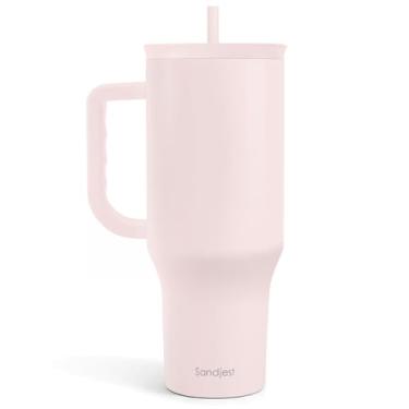 Imagem de SANDJEST Copo rosa pálido de 1,134 g com alça e canudo, caneca de café de viagem de aço inoxidável isolado para mulheres e meninas, ideia de presente para aniversário, Natal, Dia das Mães