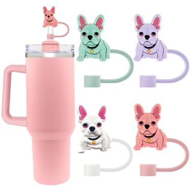 Imagem de Capas de palha de silicone fofas para copos Stanley 20/30/1,134.0 g - 10 mm/0,4 pol. Design de flores tampas à prova de poeira - Protetor reutilizável para canudos de 9-10 mm