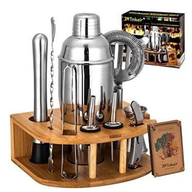 Imagem de Conjunto de coqueteleira com suporte | Kit perfeito de barman para casa e bar conjunto de ferramentas para barra: coqueteleira de martini de 680 g, agitador, coador, colher de misturador, pinças, saca-rolhas, 2 dosadores de licor, cartões de receitas