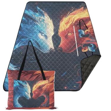 Imagem de TSENQUE Cobertor de praia à prova d'água dragão fogo lobo gelo à prova de areia acampamento ao ar livre tapete extra grande suprimentos de piquenique tapete dobrável 299.7 cm x 203.2 cm