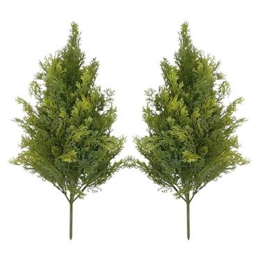 Imagem de 2 topiárias de cipreste falso com espigão no solo, conjunto de 2 plantas de arbusto falso para ambientes externos resistentes a UV, 55 cm de árvore perene artificial para decoração de varanda