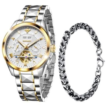 Imagem de OUPINKE Relógio masculino automático esqueleto diamante original mecânico automático relógio de pulso luxuoso para homens, G3270G: pulseira de dois tons e mostrador branco, Presente de luxo, negócios