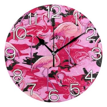Imagem de GAIGEO Relógio de parede decorativo analógico quarto cozinha relógio estético silencioso sem tique-taque, decoração de parede de meados do século, sala de estar, flamingos rosa, noivas tropicais, 25