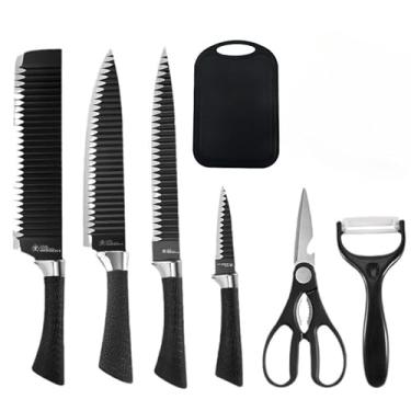 Imagem de Conjunto de Facas de Cozinha com Padrão Granito, 6 Peças, Lâminas em Aço Inoxidável, Cabo Branco, Inclui Tesoura e Descascador (black+prato de corte)