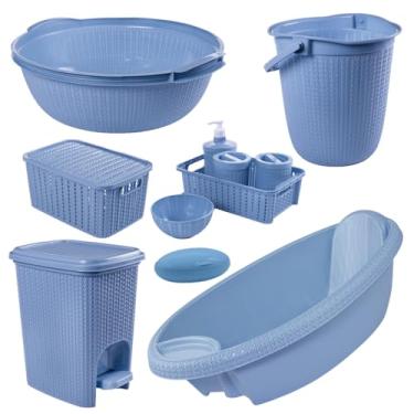 Imagem de Kit 7 Peças Banheira Bebê Trama Plasútil Bacia Balde Lixeira Kit Higiene Infantil (Azul)