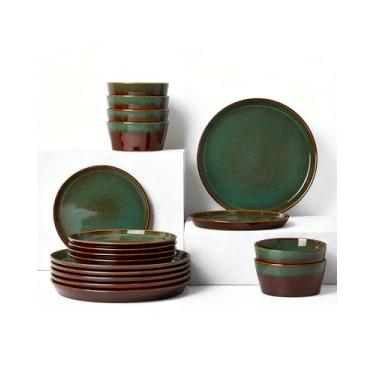 Imagem de Pokini Conjuntos de pratos e tigelas para 6, conjuntos de louça de cerâmica, conjunto de pratos de cozinha, louças seguras para micro-ondas e lava-louças, conjunto de jantar esmaltado reativo