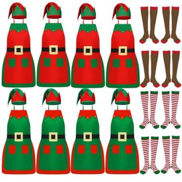 Imagem de Cotwinter Conjunto de avental de elfo de Natal com chapéu e meias avental de elfo adulto com bolso para presente de festa de Natal, cozinha, Vermelho e verde, One Size