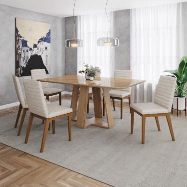 Imagem de Conjunto Mesa Lins 160cm com Vidro 06 Cadeiras Elena Marrom/Off White