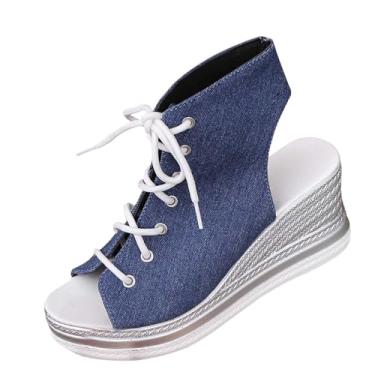 Imagem de Sandálias femininas modernas, casuais, versáteis, com sola grossa, estilo primavera e verão, salto plataforma, Azul royal claro, 35