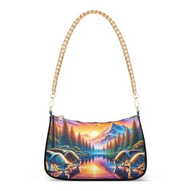 Imagem de Bolsa Wolves Mountain Lake Sunset com corrente de ombro, bolsa de mão artística média para mulheres, bolsa clutch Hobo versátil