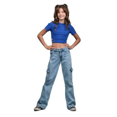 Imagem de Calça Jeans Cargo Feminina Wide Leg Pantalona Infantil Juvenil tam 10 
