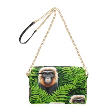 Imagem de Joitme Bolsa tiracolo feminina de ombro com folhas verdes primata animal para celular bolsa de couro PU com alça de corrente