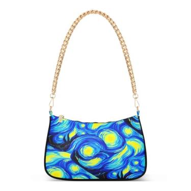 Imagem de Bolsa de ombro azul com corrente de céu aquarela, bolsa Hobo feminina com estampa artística para uso diário e noturno