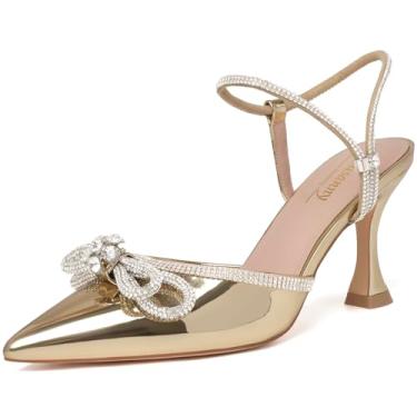 Imagem de Susanny Sandália feminina com laço e fivela no tornozelo, elegante, verão, bico aberto, sapato social, Ouro patenteado, 4.5 UK