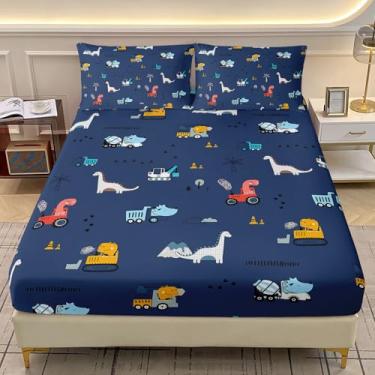 Imagem de AILONEN Jogo de lençol Queen com desenho de caminhão de dinossauro, azul marinho, para crianças, adolescentes, caminhões de construção, colcha com 2 fronhas - 3 peças