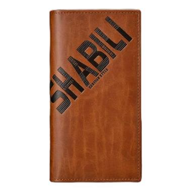 Imagem de Carteira masculina leve de couro macio marrom claro marrom claro com padrão de verificação magnética, design longo de negócios com fecho magnético, couro liso, leve